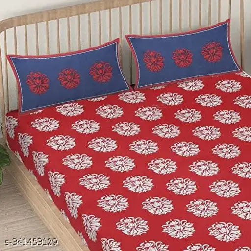 Red White Flowers ethnic motifs cotton flat sheets, 200 thread count, double queen size for summer, on display bed