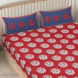 Red White Flowers ethnic motifs cotton flat sheets, 200 thread count, double queen size for summer, on display bed