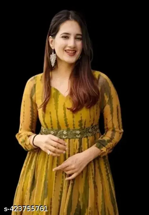 Yellow Georgette printed kurti dress, long sleeve, round neck, full length, trending Bollywood gown for women's party wear