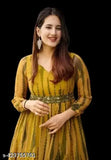Yellow Georgette printed kurti dress, long sleeve, round neck, full length, trending Bollywood gown for women's party wear