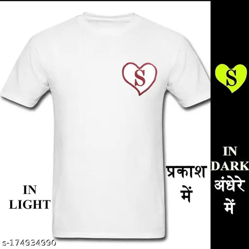 White polyester round neck half sleeve UDYE men's t-shirt with S Alpha glow-in-dark, ideal for daily wear or casual occasions. Glows after sun exposure." (125 characters)