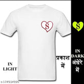 White polyester men's round neck half sleeve fit T-shirt with S Alpha glow-in-dark print, ideal for activewear or casual wear. Glows after sun exposure. Made of polyester, machine washable. Indian origin