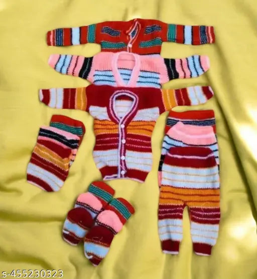 Cozy wool striped-and-colorblocked winter sweater set for babies (0-2M), India origin