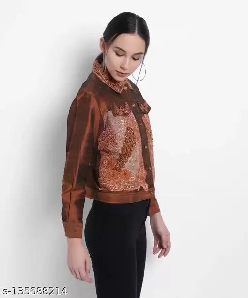 Silk full sleeve embroidered women's jacket, long-sleeved printed net design, XL size from India