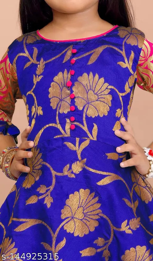 Royal blue jacquard silk gown, three-quarter sleeves, printed net pattern, diamond buttis work, ideal for parties, lightweight & comfortable