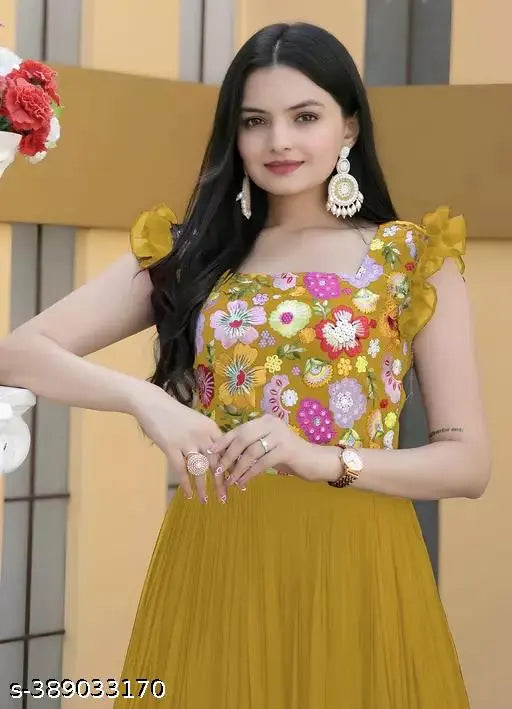 Embroidered Georgette floral anarkali gown, sleeveless, sequin detail. Indian-made women's long wedding dress (XS, S, M, L, XL, XXL)