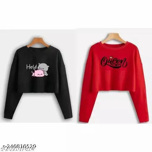 Stylander cotton blend printed crop tops (Style 5) - Long sleeves, pack of 2 for versatile women's casual outfits