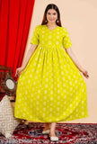 Yellow Viscose Rayon Anarkali Kurta, Gowan ethnic fashion women's traditional dress, vibrant geometric print on sleeveless silhouette