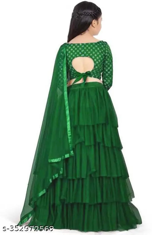 Silk blend semi-stitched ruffle lehenga cholis for kids party wear, net dupatta included