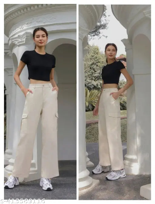 Cream cotton-lycra four-pocket casual cargo pant for women - solid net, size S, M, L, XL