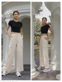 Cream cotton-lycra four-pocket casual cargo pant for women - solid net, size S, M, L, XL