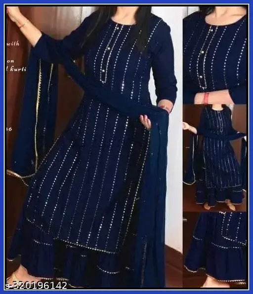 Blue Rayon A-Line Kurta Set with Sharara & Chiffon Dupatta, embellished net pattern, three-quarter sleeves, single size available in S, XL, XXL, XXXL for festive Indian ethnic wear