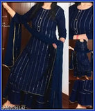 Blue Rayon A-Line Kurta Set with Sharara & Chiffon Dupatta, embellished net pattern, three-quarter sleeves, single size available in S, XL, XXL, XXXL for festive Indian ethnic wear