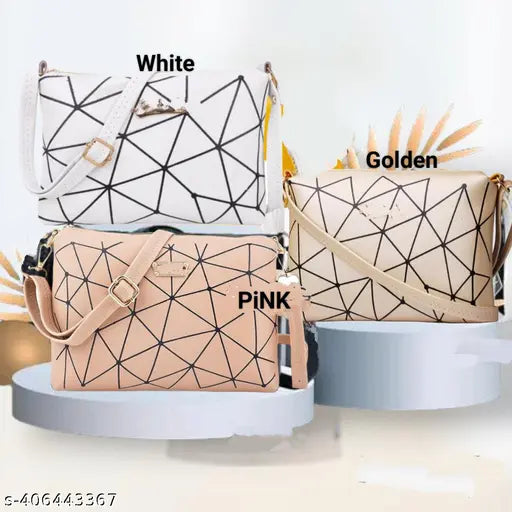 Goldend white pink PU trending printed women's bags combo - stylish sling bags with one compartment, free size (10in x 2in x 7in)