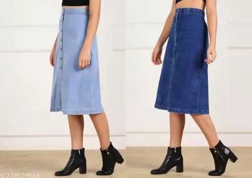 Women's solid A-line combo denim skirts (2L), two-tone denim set with sizes from 28 to 40, India origin