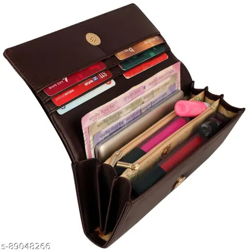 Brown faux leather purse for women and girls, trendy hand clutch with 6 card slots, textured design, free size (9 x 4 in), from India