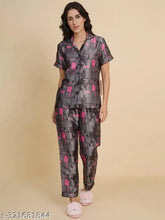 Dark grey quirky print satin night suit for women, super soft and comfortable sleepwear with half sleeves, notch collar, and elastic waistband