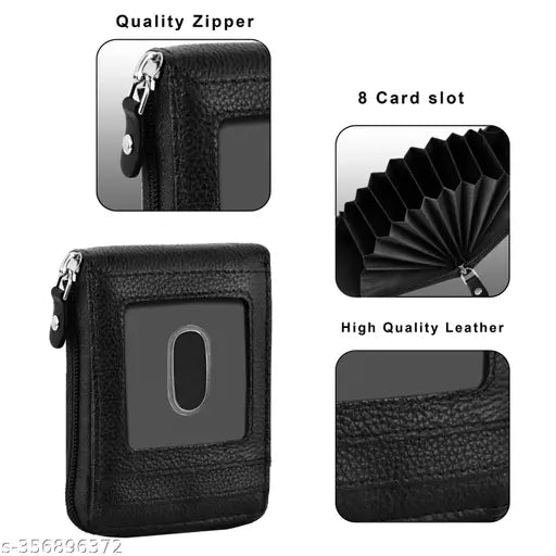 Black leather bifold wallet, 9 slot credit debit card holder for men and women, genuine leather accessory with zipper coin purse