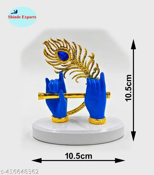 Blue Krishna Hand with Flute Figurine (10.5x10.5x6cm) - Indian religious idol for car dashboard, table décor, or office use