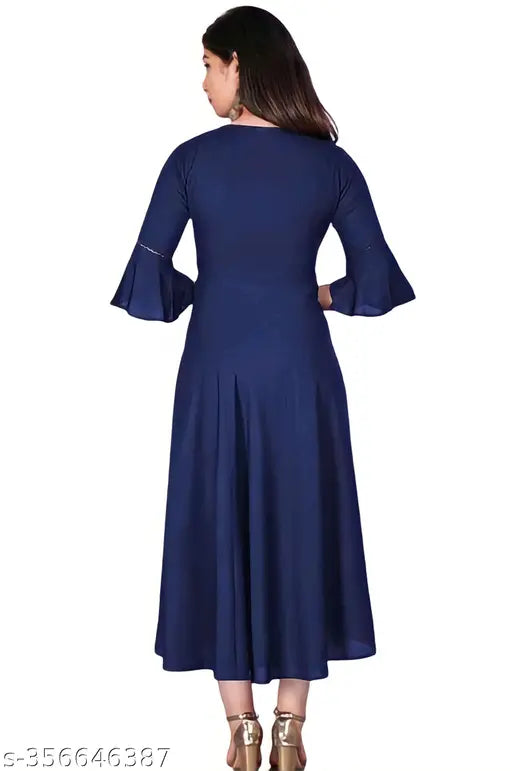 Navy Blue Rayon Flared Kurti Dress - Flowy A-Line Silhouette, Comfortable Lining, Versatile Knee-Length or Maxi Option