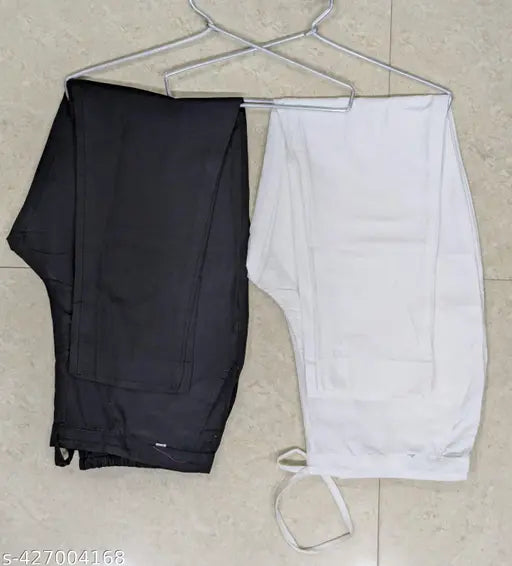 Black-and-white cotton blend solid trousers combo for women, elastic and drawstring waistband for easy fit - India