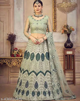 Banarasi embroidered lehenga-choli set with unstitched blouse and dupatta, free size up to 2XL, net fabric, India origin