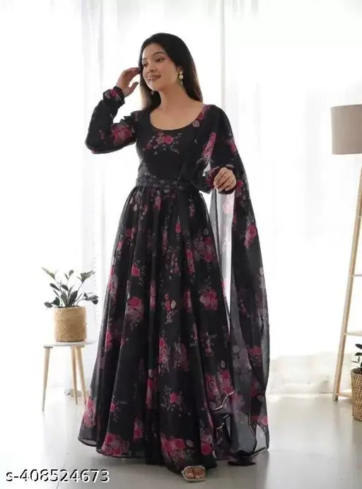 Black georgette sleeveless dress with printed net pattern, FENETIK BLACK 03 for women's sizes S-XXL, India origin