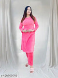 Pink women's woolen MIDI suit, solid pink winter pyjama set with long sleeves, made in India