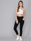 Black denim stretchable slim ankle-length jeans with appliqué net detail, high rise and 5 pockets for casual wear