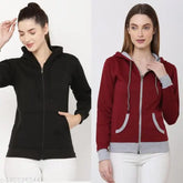 Plain black fleece zipper hoodie jacket with contrast maroon color, long sleeves
