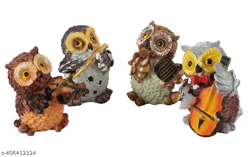 Multicolor owl musical instruments set (4 pieces), life-like resin figurines for home outdoor decorations