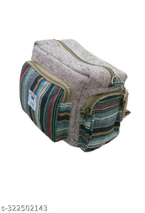 Hemp ladies sling bag for women, checkered fabric design with four compartments, free size (12in x 6in x 10in), Indian-made
