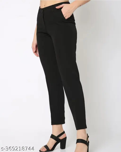 Black stretchable Lycra formal pant, solid net pattern, elastic pocket, women's fashion casual wear