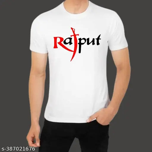 Rajput polyester t-shirt for men, printed net design, short sleeves, size M (38in chest, 28in length) from India