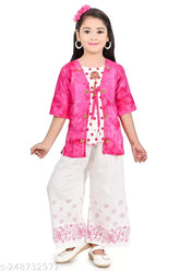 Rayon crepe kurtis palazzo set for girls, printed with pom-pom design and ruffle frill collar