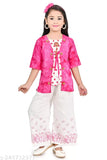 Rayon crepe kurtis palazzo set for girls, printed with pom-pom design and ruffle frill collar