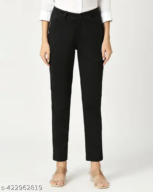 Black polycotton women's formal trousers by Saram Fashion, solid net pattern, size M for women