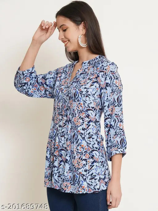Blue Viscose Rayon longline top with embroidered floral print, 9 impression casual wear for women