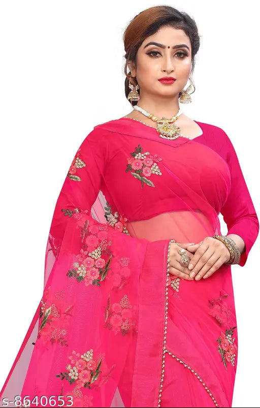Pink and floral embroidered net saree with unstitched blouse piece, Indian party wear