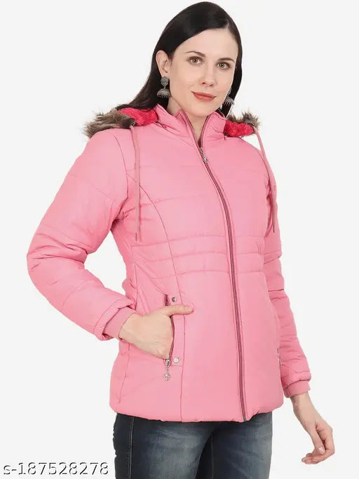 Solid pink nylon women's jacket with detachable hood, perfect for the winter season and wind-proof, snow-proof, made in India