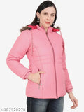 Solid pink nylon women's jacket with detachable hood, perfect for the winter season and wind-proof, snow-proof, made in India