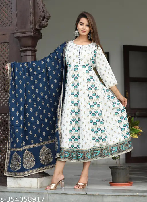 Large-sized Rayon Anarkali long kurta with printed net dupatta, popular Indian party dress