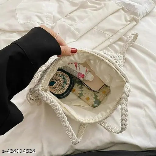 Cotton jute macrame handbag with embroidered net pattern, perfect for eco-friendly boho-chic style