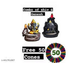Divcoll resin Adiyogi, Mahadev, Shiv Shankara & yellow Ganesh smoke backflow combo with free 50 cones. Incense holder showpiece for home decor