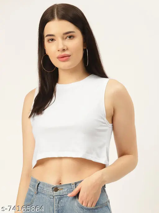 White cotton sleeveless round neck t-shirt, solid design by Rodzen for women