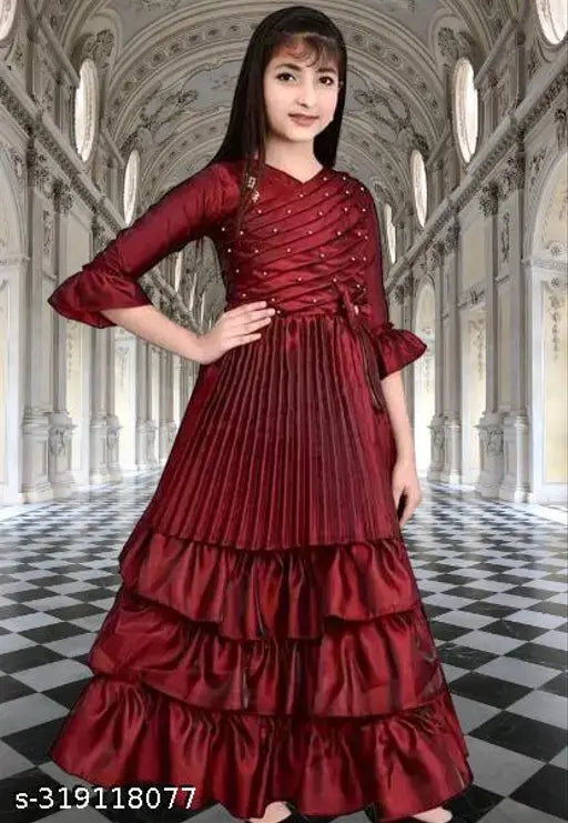 Soft silky full length gown party dress for girls, three-quarter sleeves, solid net - Indian-made baby girl fashion for special occasions