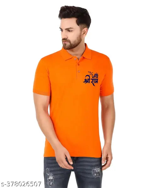 Orange cotton blend polo style men's t-shirt with Jai Sri Ram print, Ayodhya Mandir design on short sleeves