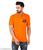 Orange cotton blend polo style men's t-shirt with Jai Sri Ram print, Ayodhya Mandir design on short sleeves