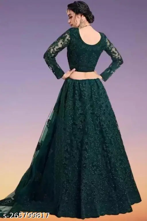 Acrylic embroidered heavy lehenga set with net dupatta, semi-stitched (size 42 waist, 46 length), Indian origin