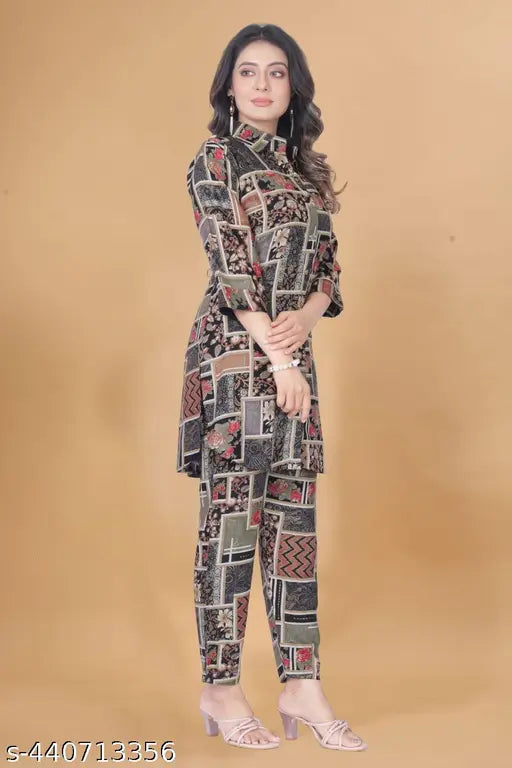 Rayon cord set for girls, featuring long sleeves and various sizes: S-5XL. Indian-made girls' clothing accessory